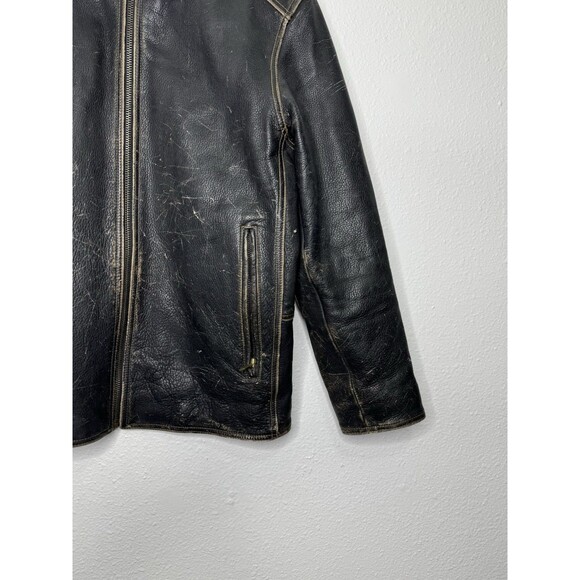 Vintage ANDREW MARC Distressed Genuine Leather Men’s Jacket Lined Sz S Moto Hood - Picture 6 of 16